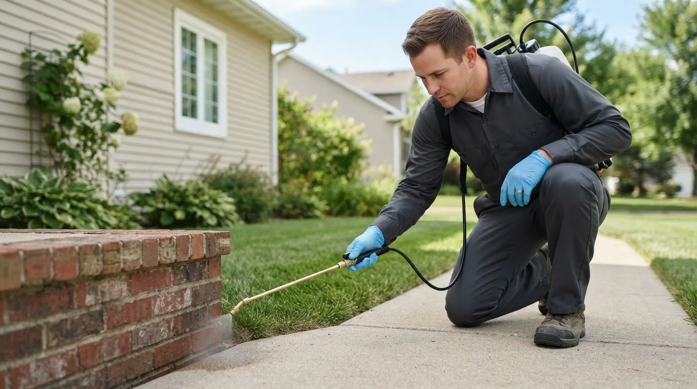 Pest control technician treating a home near Rush Springs, OK